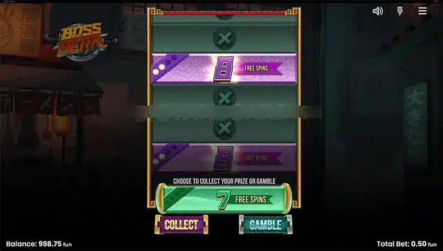 Boss Bear Gamble Feature screen showing the choice to collect or gamble free spins