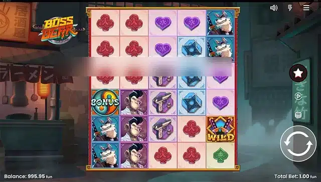 Boss Bear base game showing the criminal animal cast and a Bonus scatter symbol