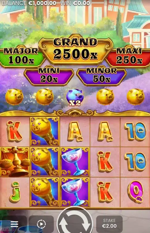 Break More Piggy Banks base game screenshot showing five piggy banks above a 5x3 grid and the Grand plaque reading 2500x