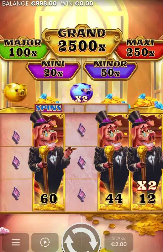 Break More Piggy Banks Hold and Win screen with three top-hatted collector symbols on the reels carrying printed values