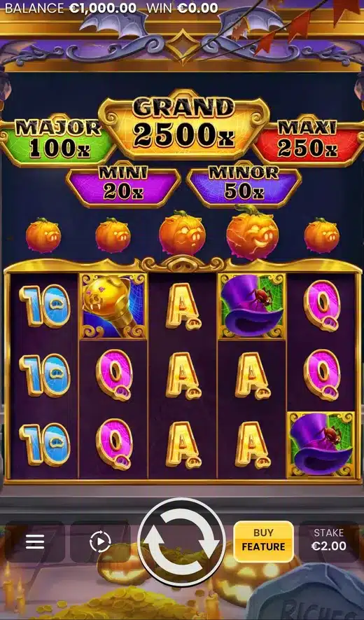 Break the Pumpkin Bank base game screenshot showing five carved pumpkins above a 5x3 grid and the Grand plaque reading 2500x