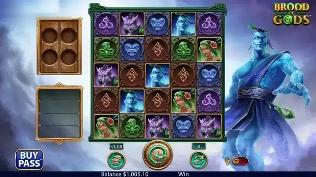 Brood of Gods base game with Rangi beside a 5x5 grid of carved Māori symbols