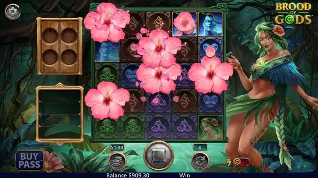 Brood of Gods Papa modifier marking grid positions with large pink hibiscus flowers