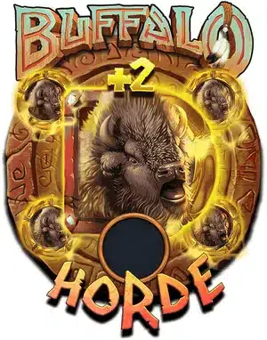 Buffalo Horde feature emblem from Buffalo Hunter, a gold ring with a buffalo head at its centre, a plus two marker above it and four smaller buffalo medallions around the edge