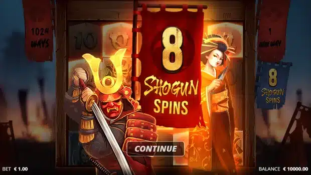 Bushido Ways Shogun Spins trigger screen showing a red banner awarding eight free spins