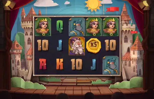 Camelot Cash base game reels with Merlin and a gold coin marked x5 on the cardboard stage