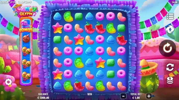 Candy Glyph slot screenshot showing the 7x7 cluster grid with candy and pinata symbols