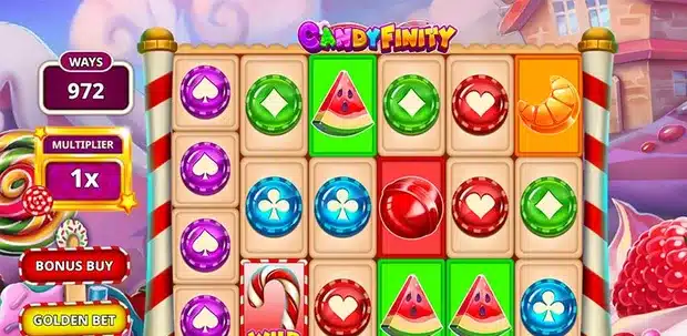 Candyfinity base game screenshot showing the six reel candy grid with the ways counter on 972