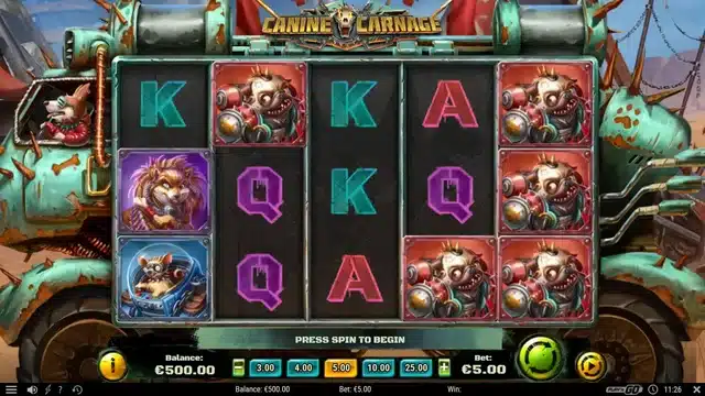 Canine Carnage slot gameplay screenshot showing the reels and Splitter Wild mechanic