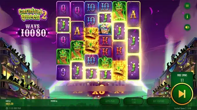 Carnival Queen 2 free spins round showing the expanded 10080 ways grid and Infinite Multiplier