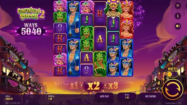 Carnival Queen 2 base game showing the 5040 ways grid and a Bonus scatter symbol