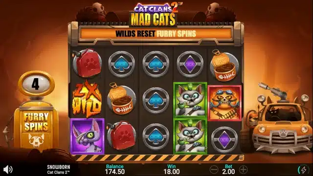 Cat Clans 2 Mad Cats reels showing the 2x wild, Furry Spins meter and wasteland reel frame