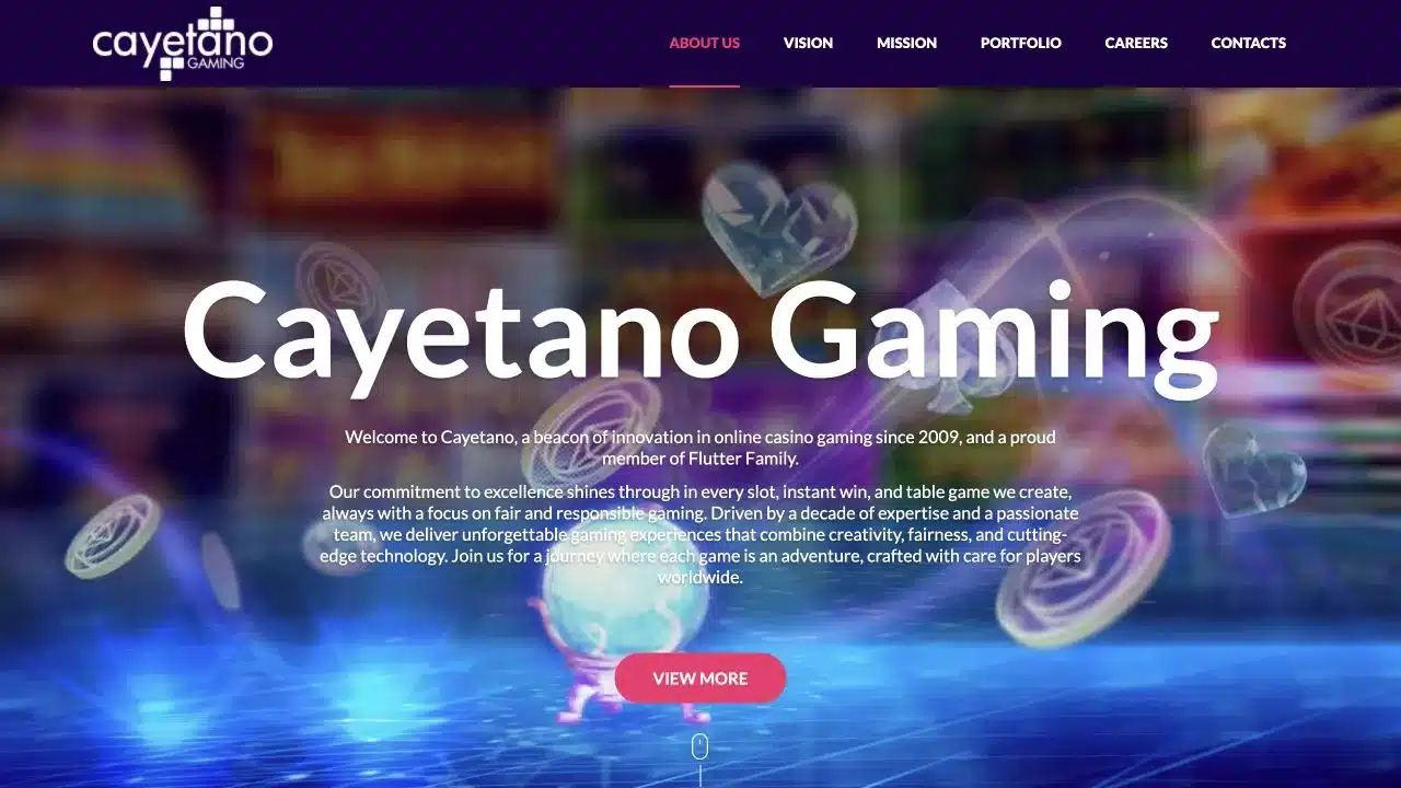 Cayetano Gaming official homepage identifying the studio as part of the Flutter family, checked July 2026