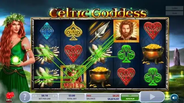 Celtic Goddess base game showing a winning combination with the wild symbol