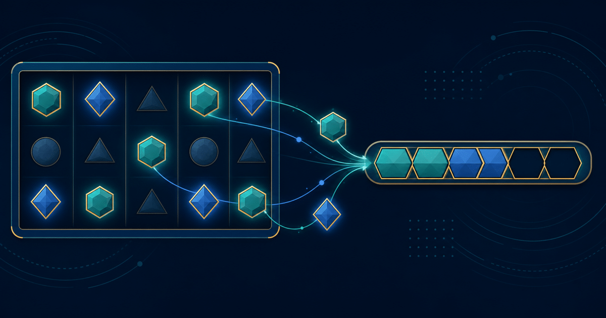 Abstract reel grid with geometric symbols moving into a separate segmented collection meter