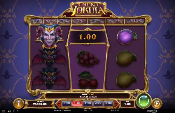 Count Jokula slot gameplay screenshot showing the 3x3 reel grid with fruit symbols and the Count Jokula Joker Wild