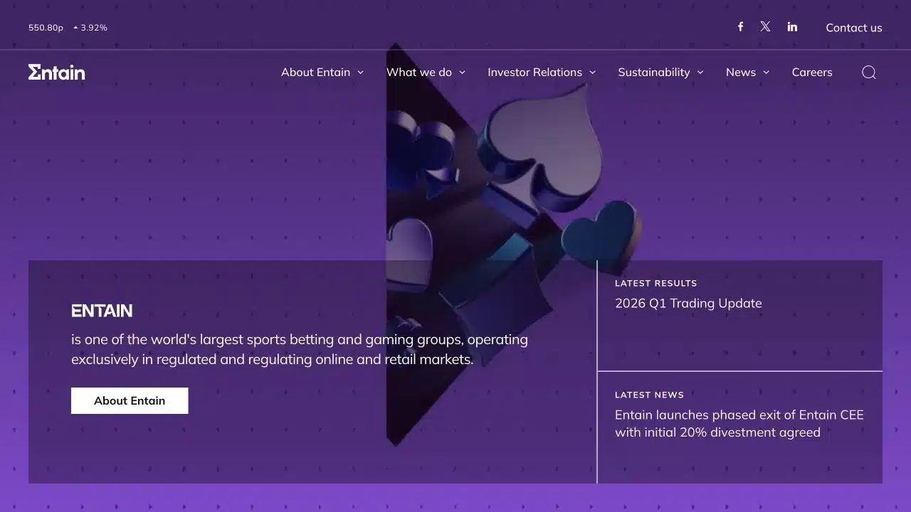Entain official homepage, current corporate context for the former Cozy Games gambling-software business, checked July 2026
