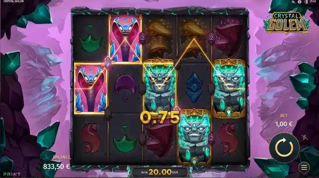 Crystal Golem slot gameplay screenshot showing the reels and SuperSpinners multiplier positions