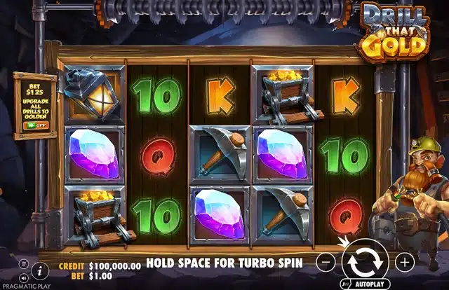 Drill That Gold base game showing the 5x3 mine reels with drill rig, gems and mining symbols