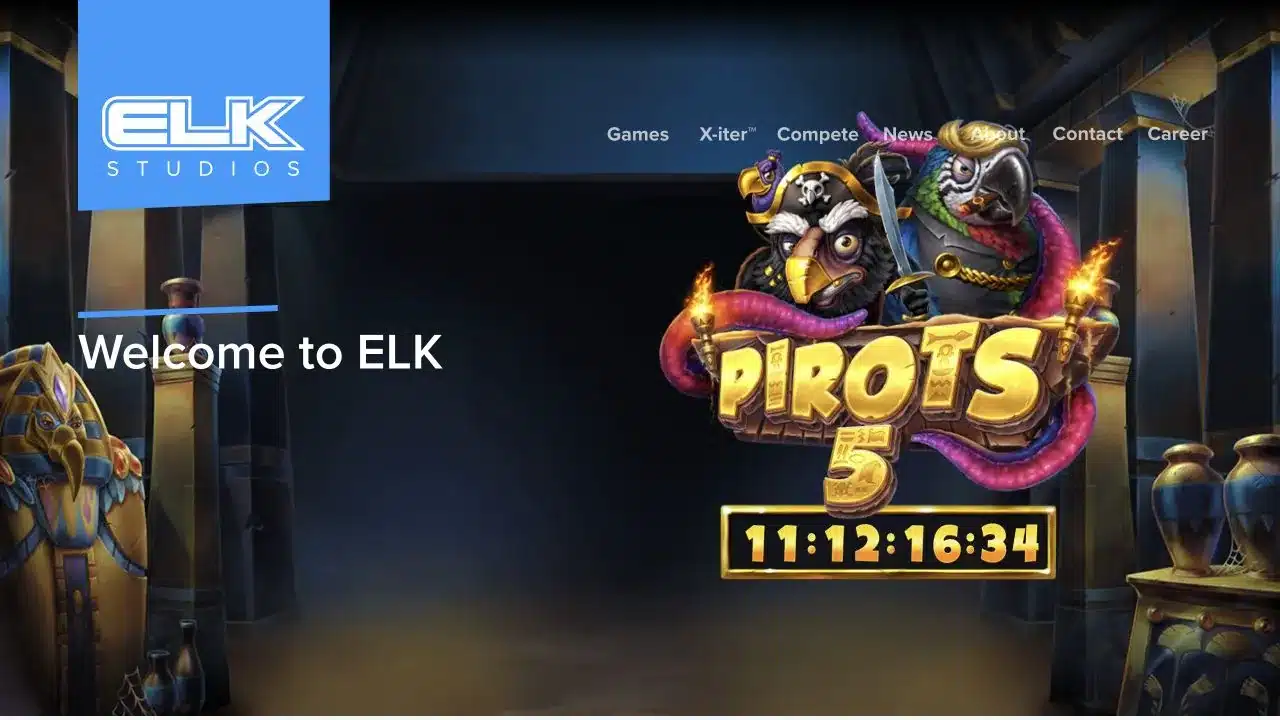 ELK Studios official homepage showing its current slot catalogue and studio branding, checked July 2026