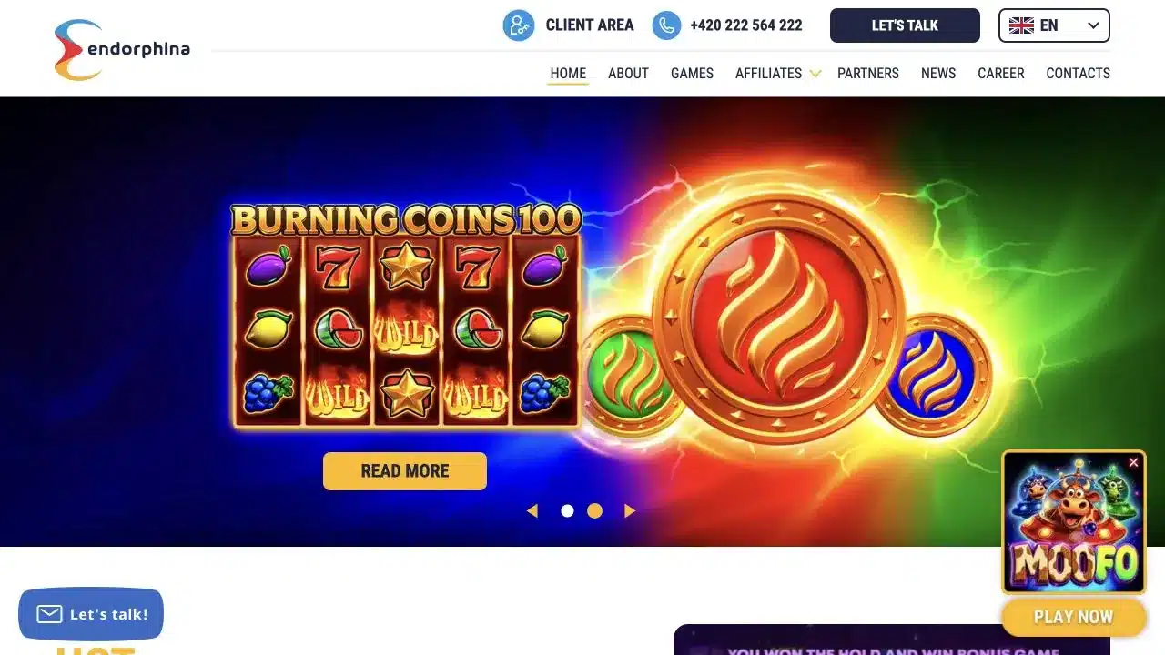 Endorphina official homepage showing current slot supplier activity, checked July 2026