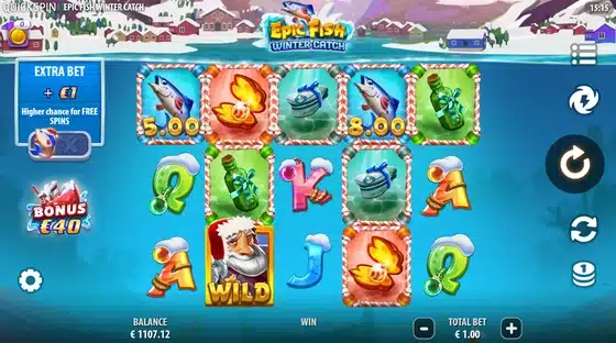 Epic Fish Winter Catch slot screenshot showing the 5x3 winter grid with fish symbols and a Wild