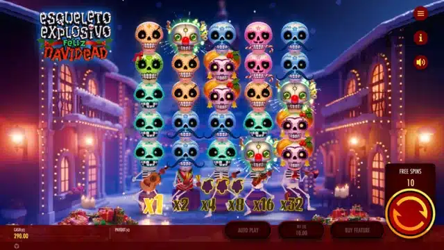 Esqueleto Explosivo Feliz Navidead free spins round showing the climbing Mucho Multiplier