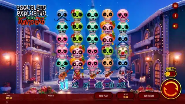 Esqueleto Explosivo Feliz Navidead base game showing the 5x5 grid and Mucho Multiplier ladder