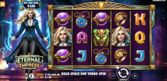 Eternal Empress Freeze Time slot screenshot showing the 5x3 base game grid with Wild multiplier and Ruby symbols
