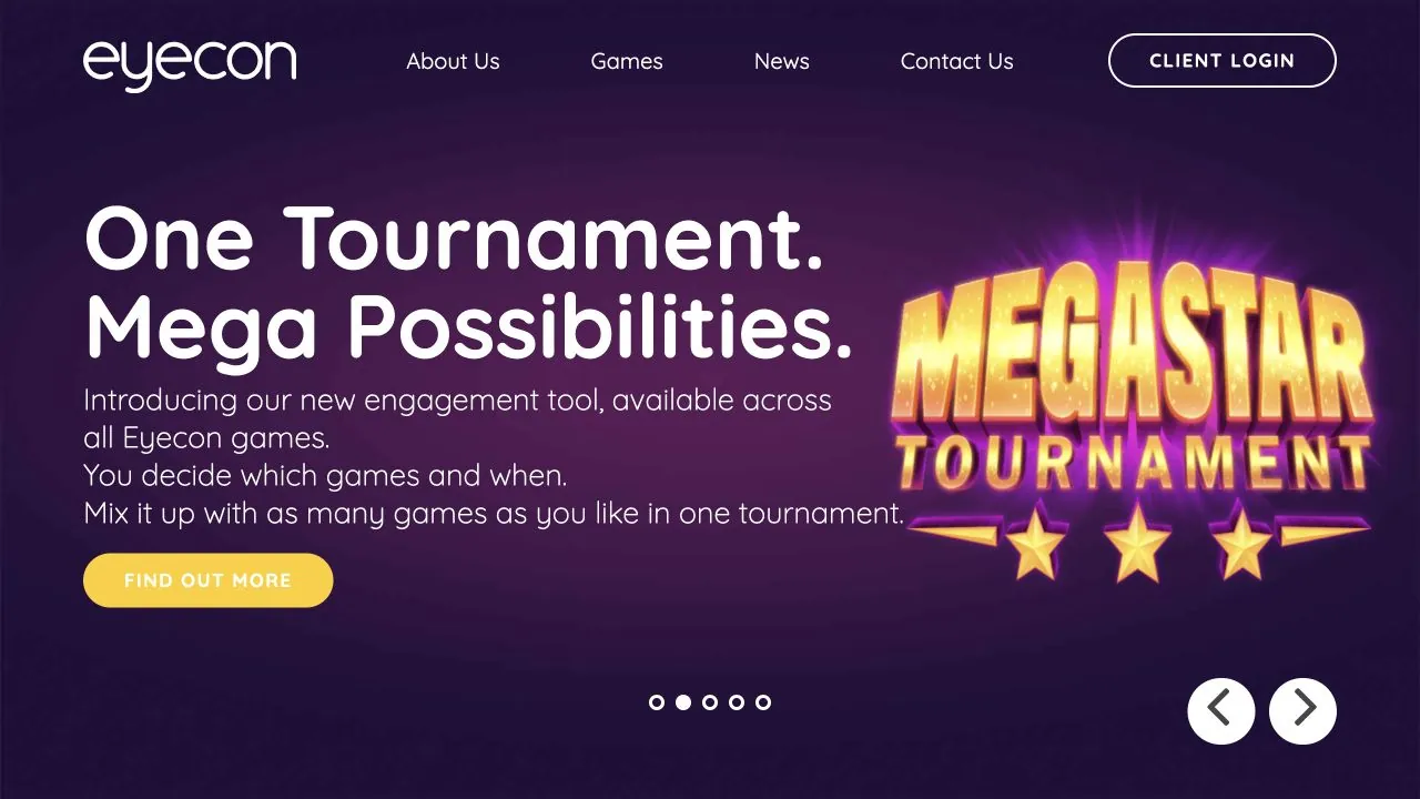 Eyecon official homepage showing its current games and Megastar tournament presentation, checked July 2026