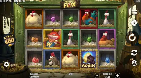 Feasting Fox slot screenshot showing the 5x3 hen house grid with the fox wild symbol