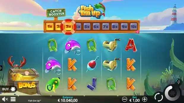 Fish Em Up slot gameplay screenshot showing the base game reels and Catch Booster meter