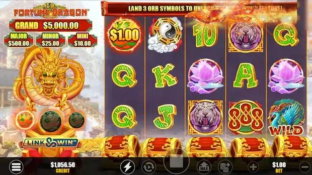 Fortune Dragon by Infinity Dragon Studios showing a $1.00 coin symbol on reel one, the Link and Win logo and the Grand, Major, Minor and Mini prize ladder