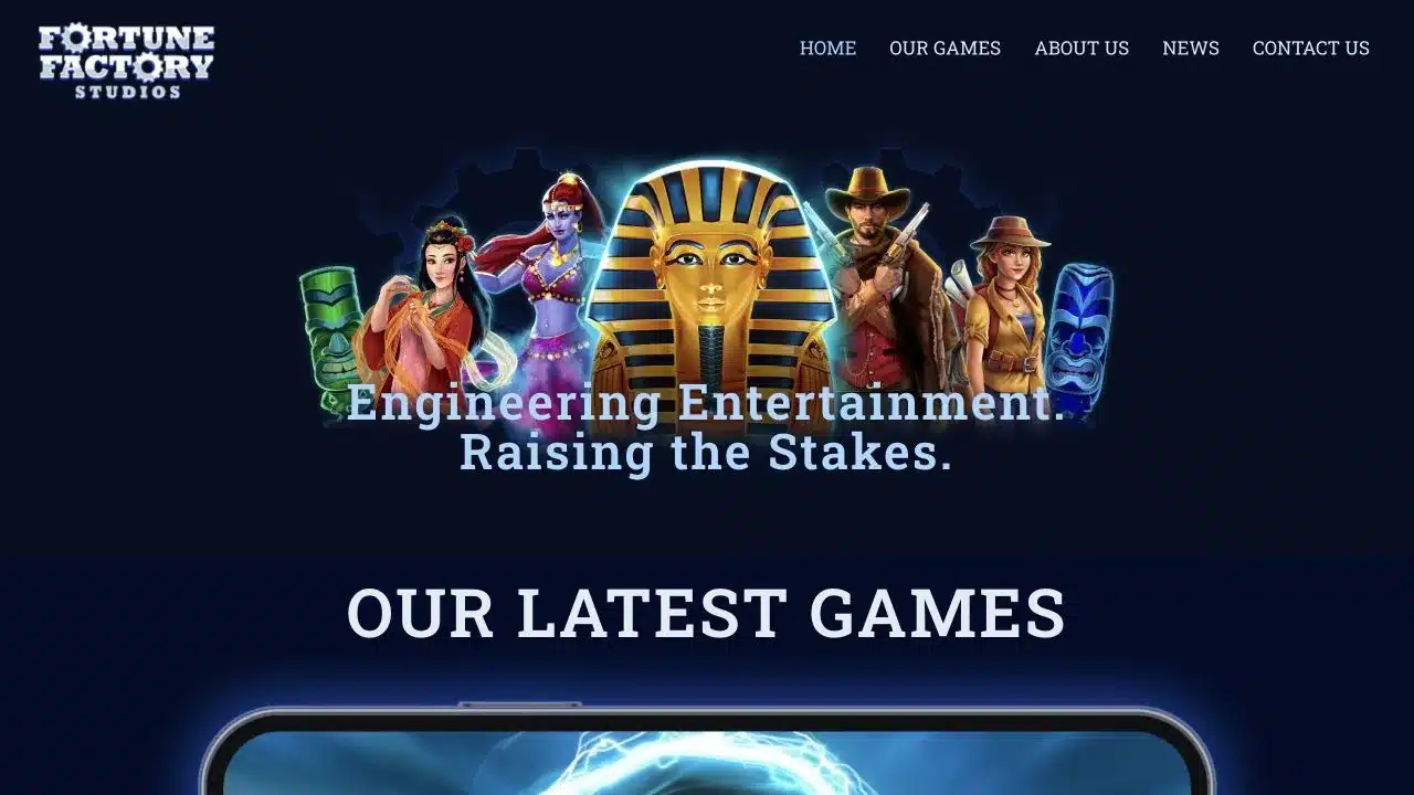 Fortune Factory Studios official homepage showing current game artwork and catalogue navigation, checked July 2026