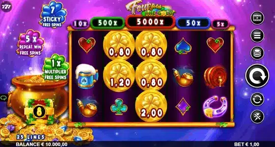 Fourfold The Gold slot screenshot showing the five reel Irish and cosmic themed base game