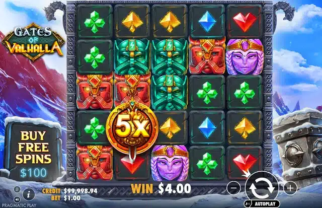 Gates of Valhalla base game showing the 5x5 tumble grid with a roaming golden lion wild carrying a 5x multiplier