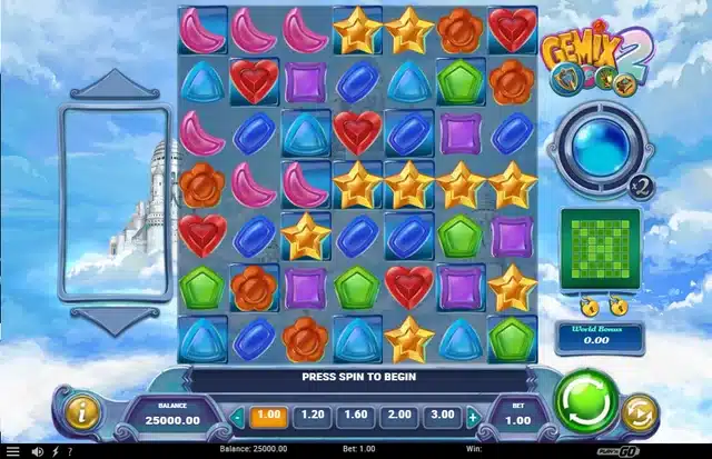 Gemix 2 base game showing the 7x7 grid and World Bonus pattern tracker