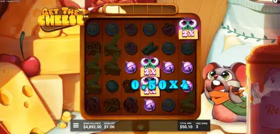 Get The Cheese slot screenshot showing the 6x5 cluster pays grid with Jumping Wild Multiplier symbols