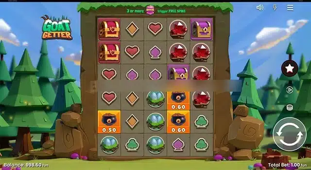 Goat Getter base game showing the 5x6 grid and Coin Pot instant prize symbols