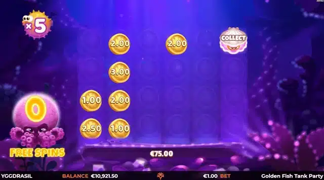 Golden Fish Tank Party slot gameplay screenshot showing the Cash Party Free Spins feature