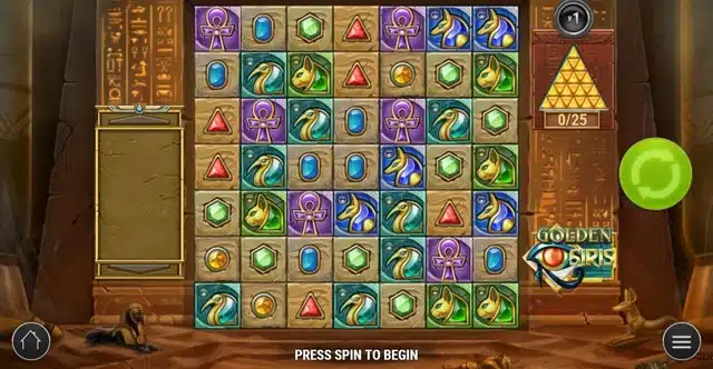 Golden Osiris base game showing the 7x7 cluster pays grid and Pyramid Charger meter