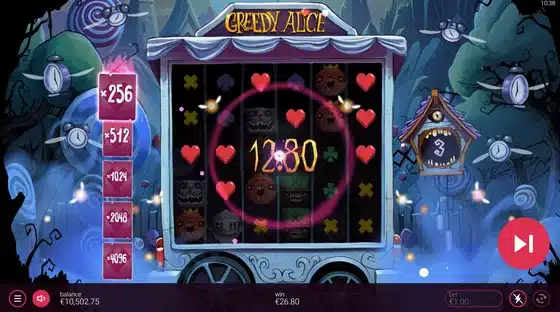 Greedy Alice free spins bonus round with the persistent multiplier ladder climbing past x256