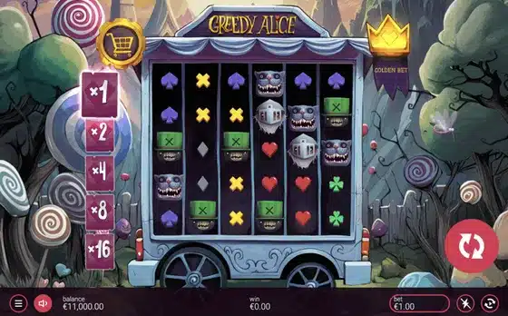 Greedy Alice slot screenshot showing the six reel five row cluster pays grid