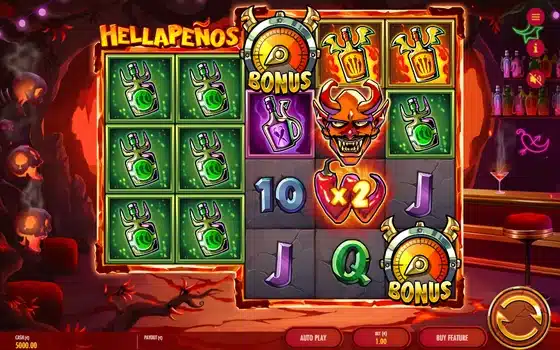 Hellapenos slot screenshot showing the Expanding Devil symbol and a Multiplier Wild on the reels