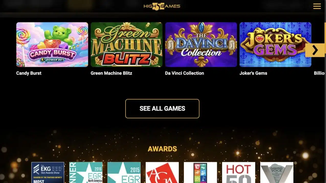 High 5 Games official homepage showing current studio activity, checked July 2026