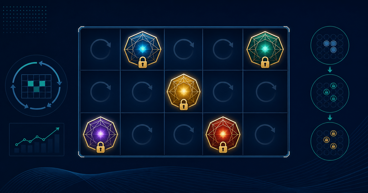 Abstract slot grid with several symbols locked while the remaining positions show respin arrows