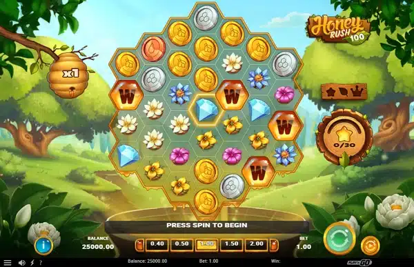 Honey Rush 100 gameplay screenshot showing the hexagonal cluster grid and Rush Meter