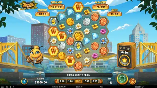 Honey Rush Black and Yellow base game showing the hexagonal honeycomb grid and jackpot ladder