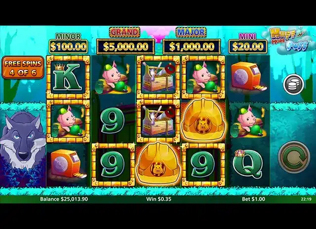 Huff N More Puff base game with the wolf, pig symbols, hard hats and the Grand Major Minor Mini jackpot ladder