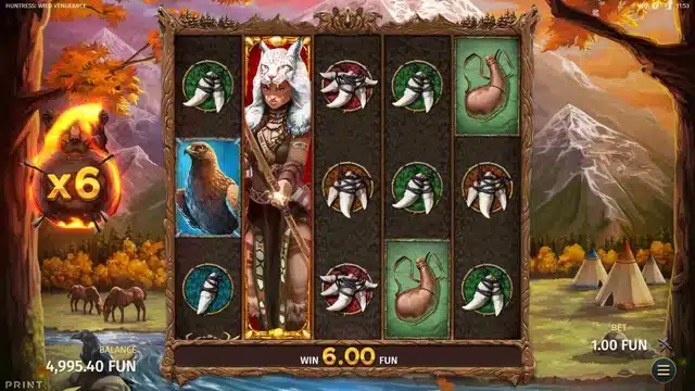 Huntress Wild Vengeance slot screenshot showing the Huntress Wild expanding symbol and SuperSpinner multiplier